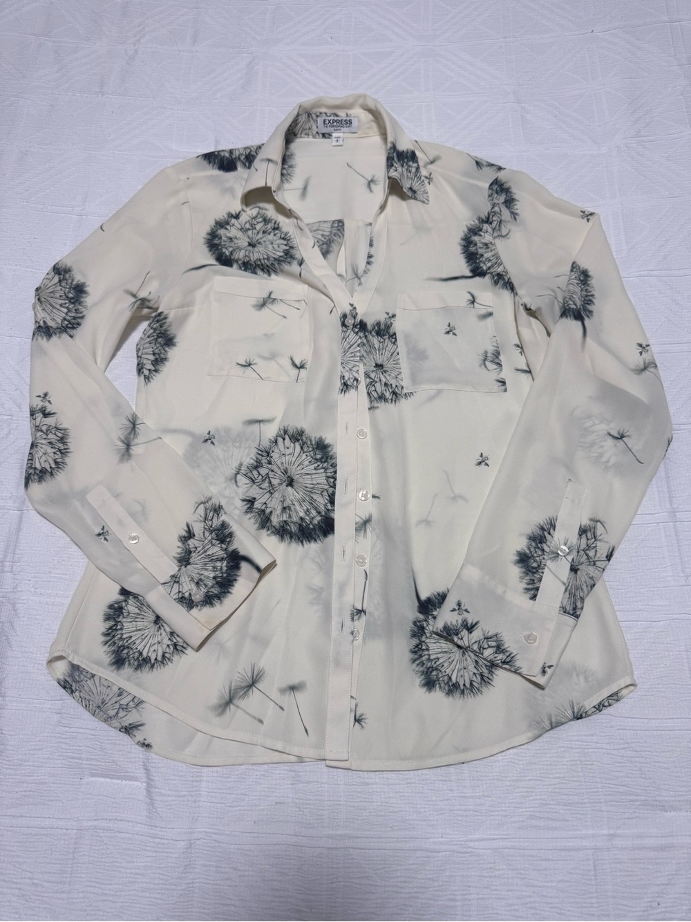 Express, Women’s, Cream Button-Down Shirt with Black Dandelion Print
